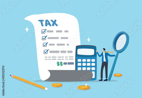 Tax planning, financial strategy for tax optimization, reduction or refund, income or revenue management, taxation or calculation concept, businessman with magnifying glass analyze tax plan document.