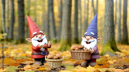 A cute cartoon gnome with a basket of mushrooms in the forest, 3D design