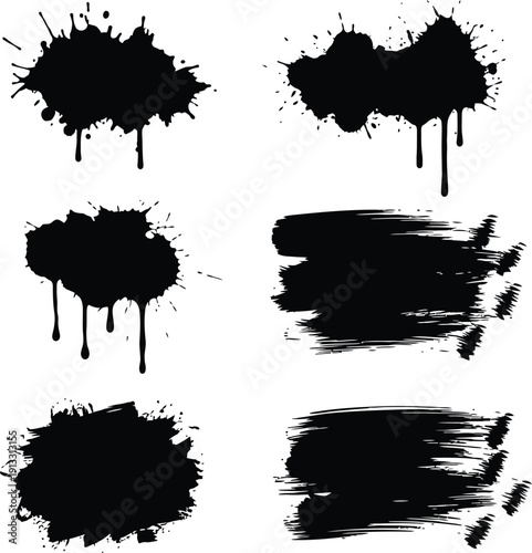 Set of black grunge ink blot splatter shapes and liquid drip stains