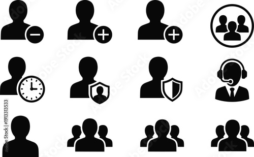Set of user profile icons including add friend, remove member, support agent, group community, security shield, and time history symbols.