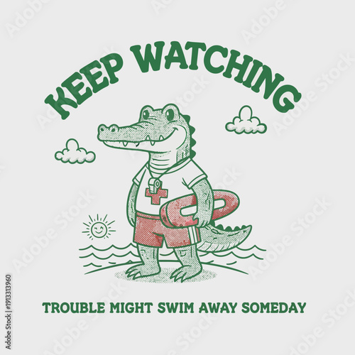 Cartoon Alligator Lifeguard with Lifebuoy on Beach.