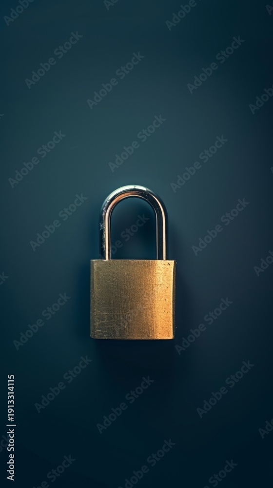 Fototapeta premium Closed Brass Padlock Centered On Dark Blue Background With Copy Space