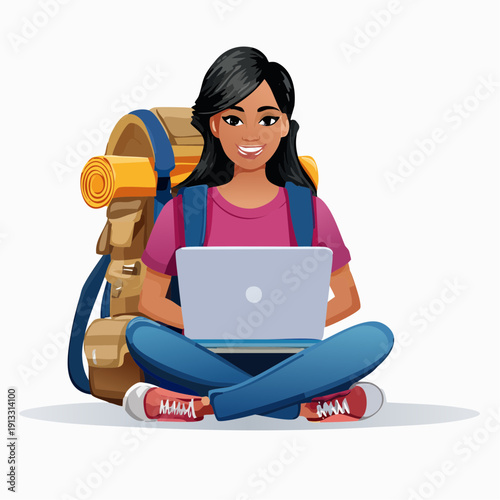 Young woman sitting cross-legged with backpack and laptop, smiling and ready for adventure or travel.