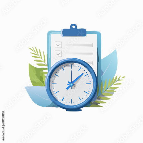 Time management with checklist and clock.