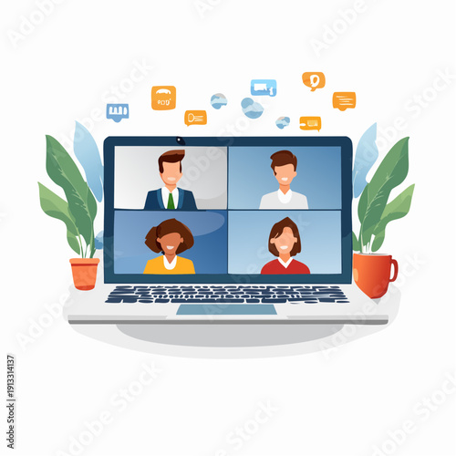 Laptop displaying a video conference with four participants and communication icons.