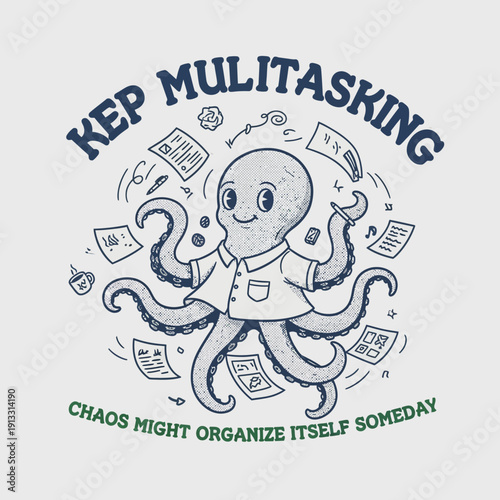 Cute Octopus Multitasking with Papers and Pens Cartoon Illustration.