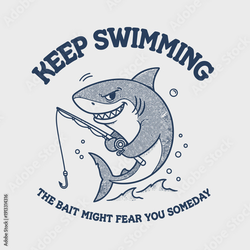 Funny cartoon shark fishing with a rod and reel.