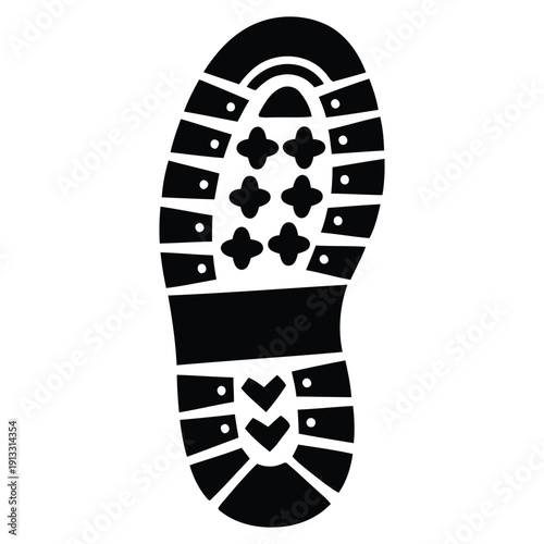 A black silhouette of a shoe sole with a heart design