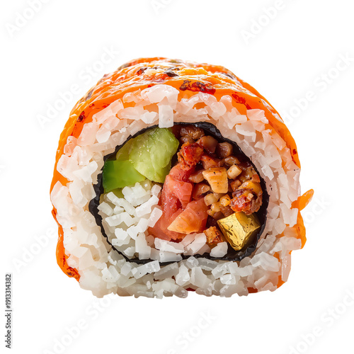 Sushi Roll With Salmon, Rice, and Vegetables Served on a White Background