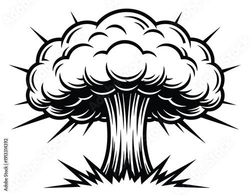 A black and white drawing of an explosion