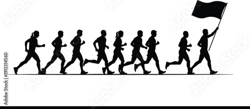 Running group silhouette illustration, teamwork leadership artwork, flag bearer design, collective motion graphic, race unity concept for sports inspiration