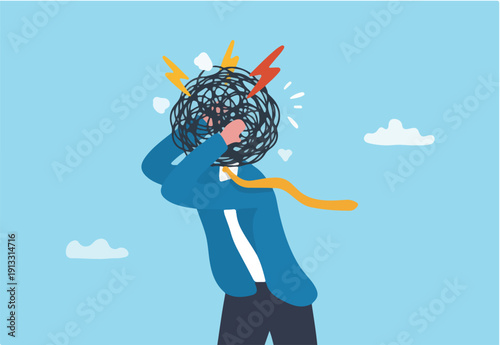 Overthinking, too much worried, stress or anxiety, self doubt, fear or indecision, obsession thoughts, mental exhaustion or negative emotional, overload concept, businessman overthinking mess head.