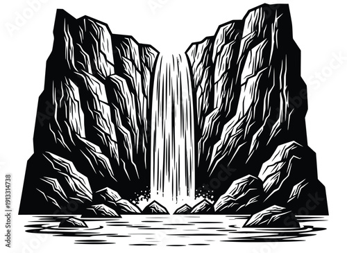 A black and white drawing of a waterfall