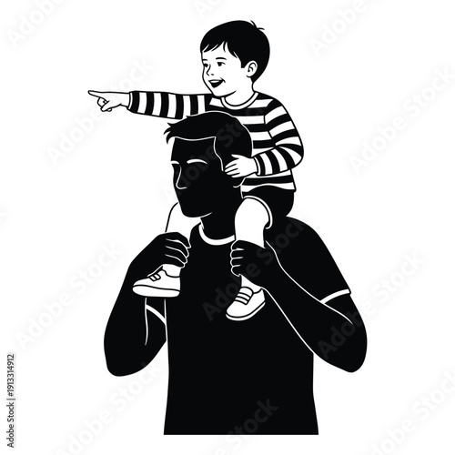 A man carrying a child on his shoulders looking ahead