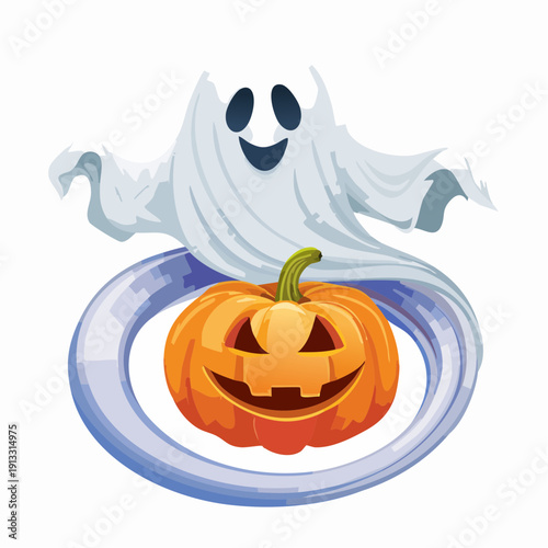 A cartoon ghost floating above a jack o' lantern on a plate.