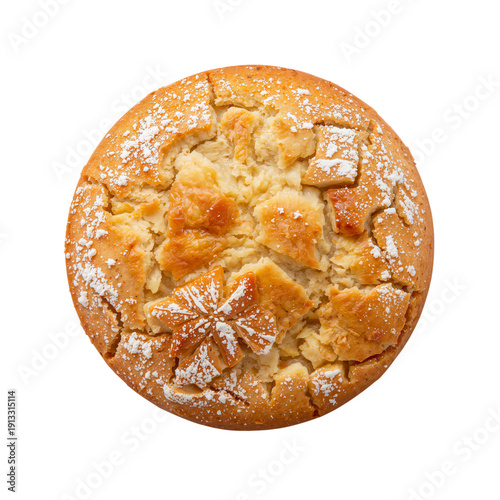 Freshly Baked Round Cake Topped With Powdered Sugar and Decorative Patterns o...