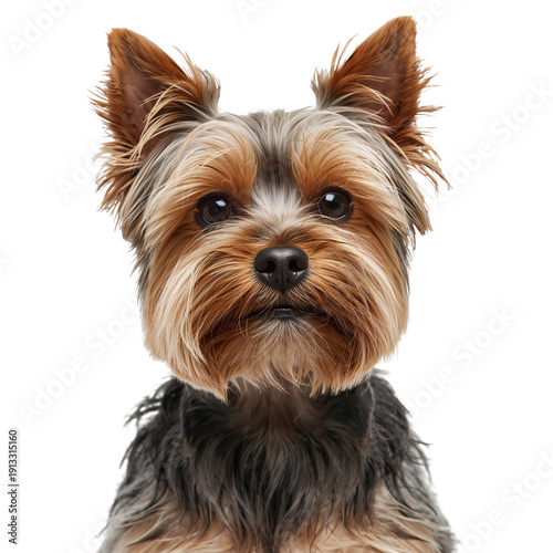 Yorkshire Terrier With Distinct Fur Standing on a Plain Background
