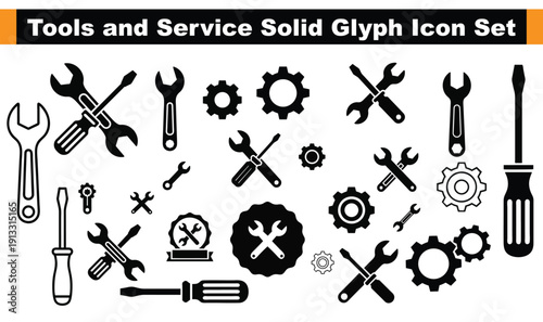 A collection of solid glyph icons featuring various tools and service symbols in black on a white background