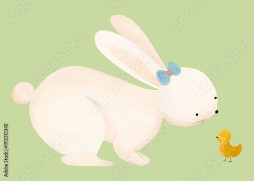 Cute watercolor bunny with blue bow and little yellow chick isolated on black background. Hand painted pastel animal illustration for nursery art, Easter card design, baby shower decor, and spring