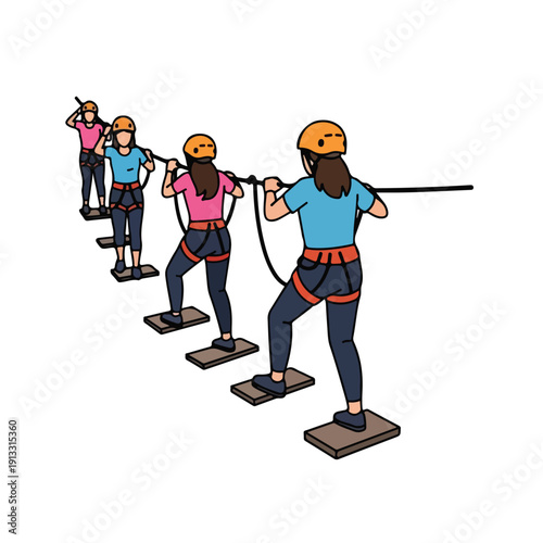 Illustration of women navigating an obstacle course with safety harnesses and helmets in a challenging adventurous environment from a side viewpoint