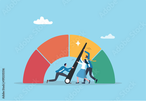 Performance rating, risk management or employee survey score, evaluation or grade assessment, employee engagement, credit score, productivity concept, business people help push measuring gauge scale