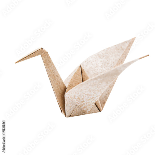 Origami Crane Made From Light Brown Marbled Paper on a White Background