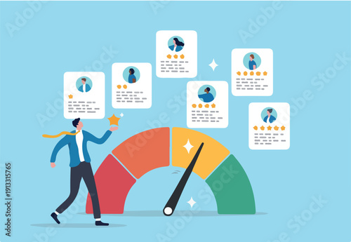 Performance review, employee evaluation rating assessment, star feedback for candidate, quality scale or appraisal comparison concept, businessman review employee performance with gauge and star.