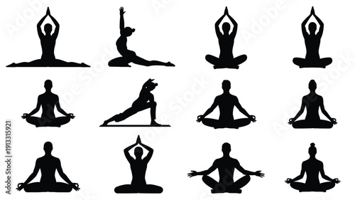 Collection of black silhouette yoga poses on white background for fitness and wellness concepts featuring various meditation and exercise positions