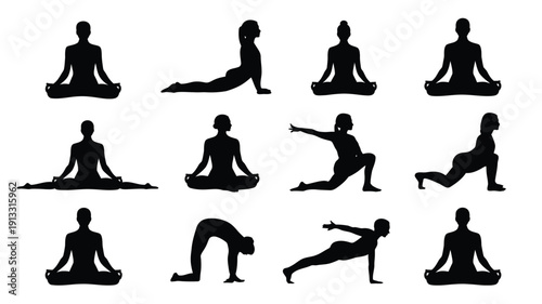Collection of twelve different yoga poses in black silhouette on white background for fitness and wellness concepts