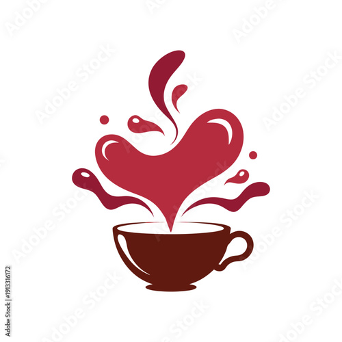Brown teacup with red heart shaped liquid splash isolated on white background