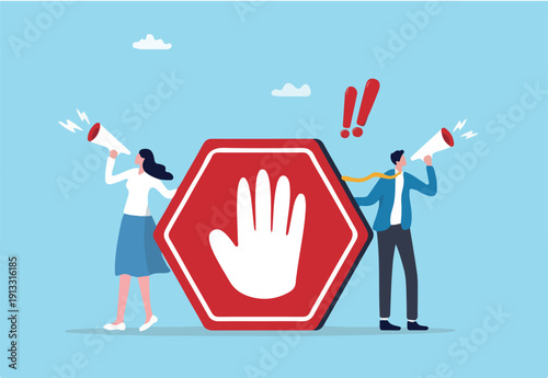 Forbidden warning, prohibition, don't do or stop rule, false or restriction, danger, bad hazard disallow message, illegal or ban concept, business people announce forbidden message with prohibit sign.