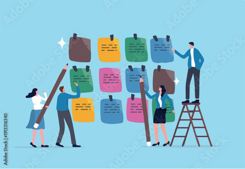Agile scrum, sprint or idea brainstorming, teamwork planning development meeting, team meeting workflow or improvement feedback, business people team brainstorm and discuss on sticky notes