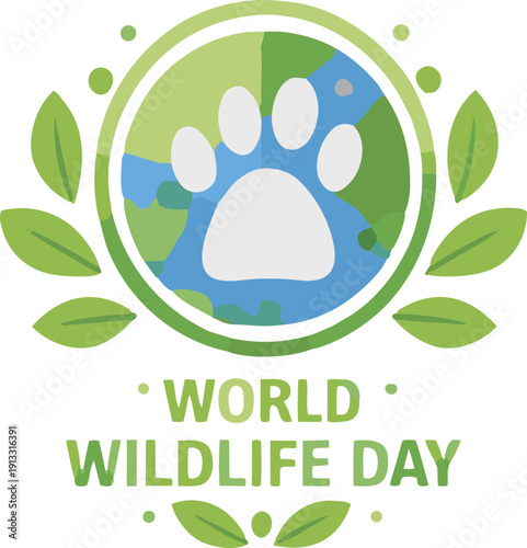 A flat vector illustration featuring a paw print over the Earth surrounded by green leaves with the text “World Wildlife Day,” symbolizing global wildlife conservation and environmental awareness.