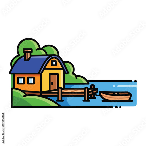 A serene lakeside cottage with a dock and boat, surrounded by lush greenery and trees, viewed from a distance.