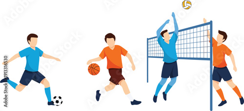 Volleyball players in action with a soccer ball nearby