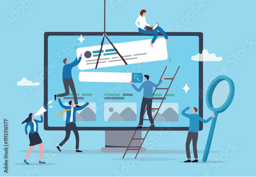 Teamwork develop website, building software or application project, team planning or website optimization, digital collaboration concept, business people team help build website on computer monitor