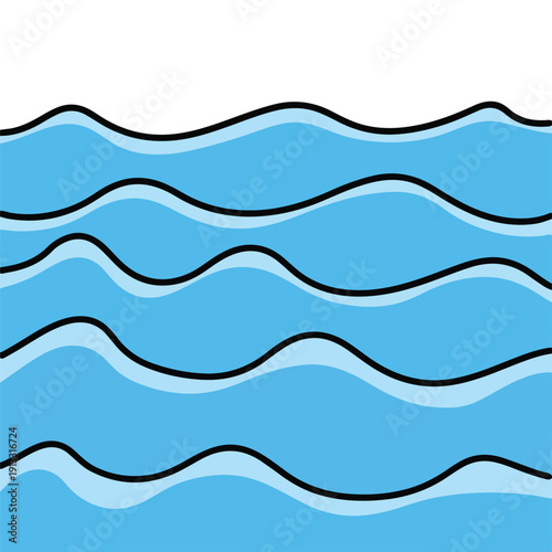 Wavy ocean waves illustration with layered blue hues and bold black outlines viewed from above