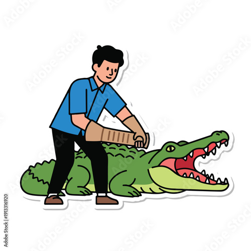 Man riding alligator with crate, humorous cartoon illustration, close-up view