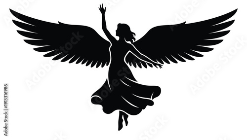 A black silhouette of a winged woman in a dress
