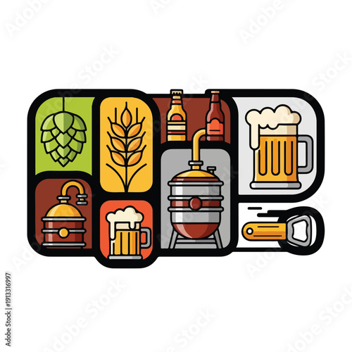 Illustration of beer brewing process icons set, featuring hops, barley, and beer glasses in a modern design.