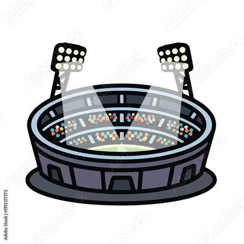 Stadium illustration with spectators and floodlights, viewed from above, showcasing vibrant atmosphere