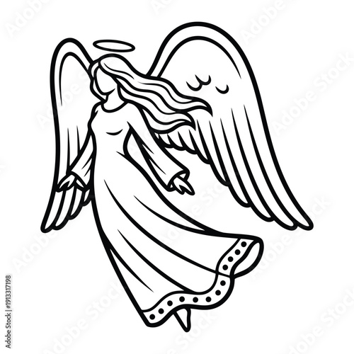 A black and white drawing of an angel with long hair