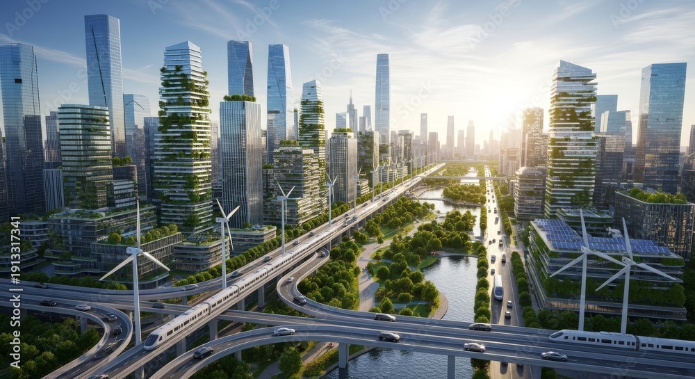 Obraz premium A contemporary eco-city skyline with clean transit and green buildings
