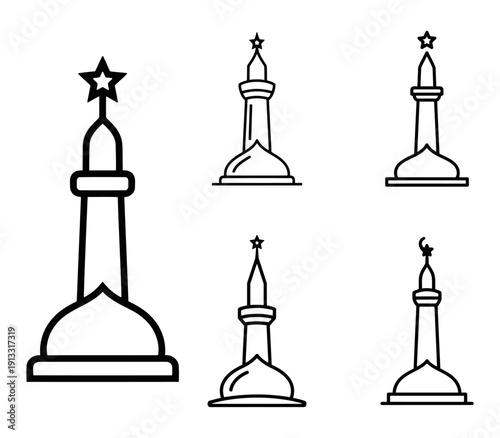 Mosque minaret and tower silhouette icons for Islamic architecture blogs and religious community website branding