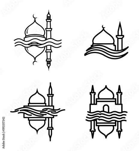 Mosque silhouette icons with water reflections for Islamic spiritual retreat branding and peaceful Ramadan websites
