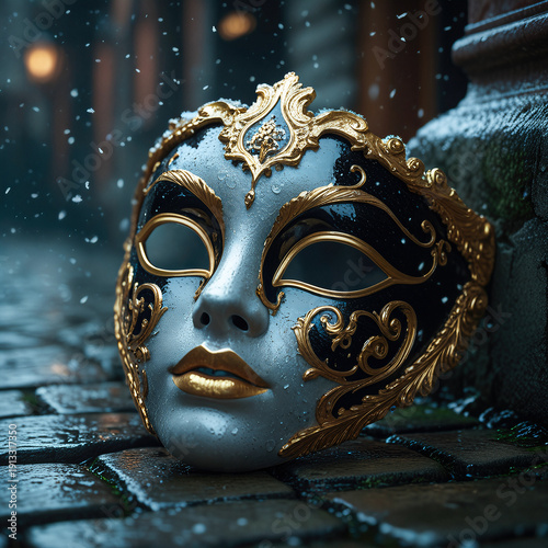 Luxury venetian golden mask on the ground. New Year and Christmas party celebration design banner, with snowflakes in the background 