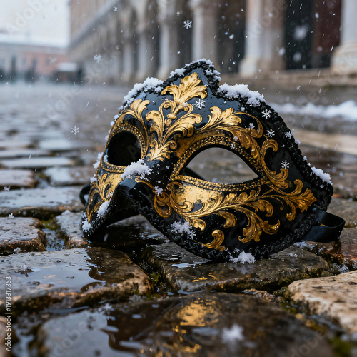 Luxury venetian golden mask on the ground. New Year and Christmas party celebration design banner, with snowflakes in the background 