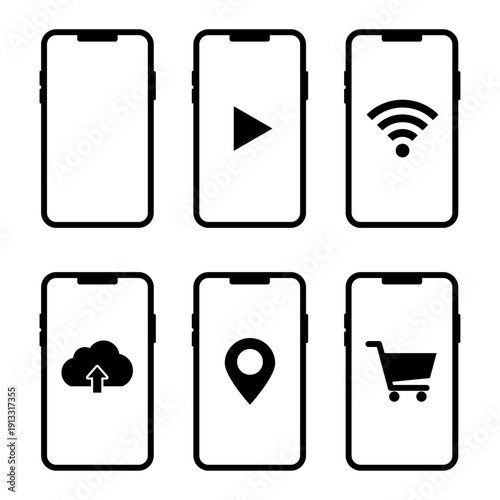 スマホ画面モックアップ＆UIアイコンセット（再生・Wi-Fi・地図・カート）シルエット