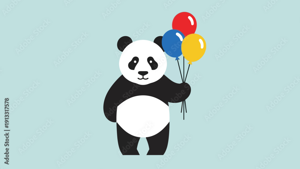 Naklejka premium A cartoon panda holding three colorful balloons against a light blue background