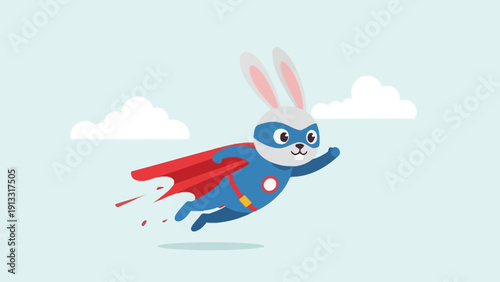 A cartoon blue superhero rabbit flies across a light blue sky with white clouds